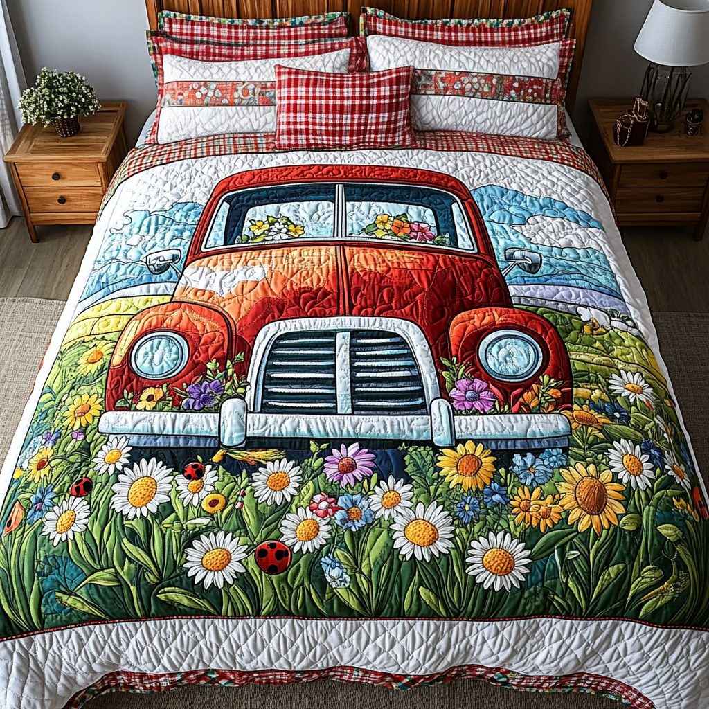 Red Truck Blooms quilted 3-piece bedding set on a made bed with two matching pillow shams