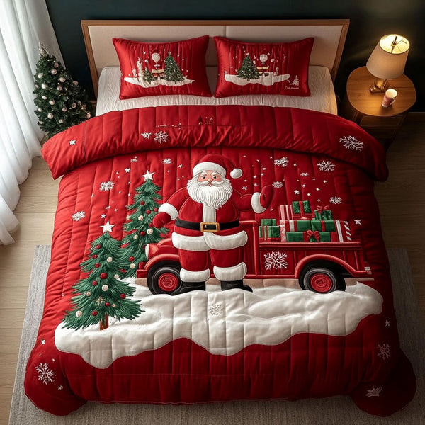 Red Truck Merriment quilted 3-piece bedding set on a made bed with two matching pillow shams
