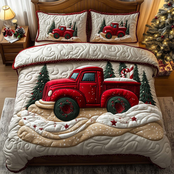 Red Truck quilted 3-piece bedding set on a made bed with two matching pillow shams