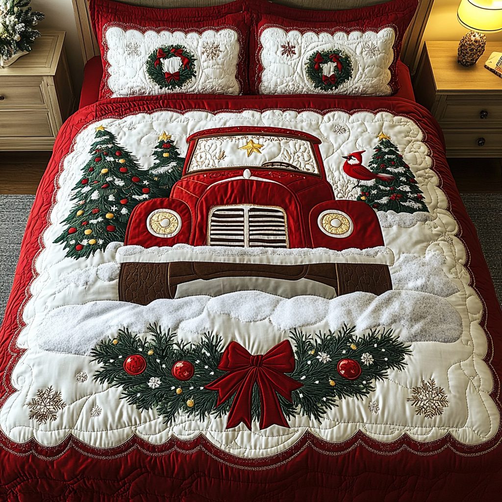 Red Truck quilted 3-piece bedding set on a made bed with two matching pillow shams