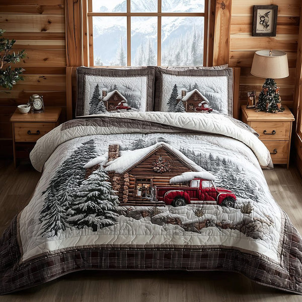 Red Truck Retreat quilted 3-piece bedding set on a made bed with two matching pillow shams