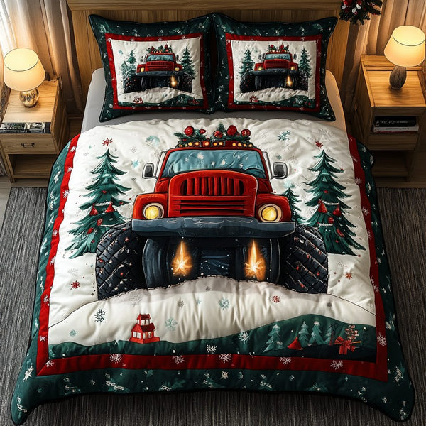 Red Truck Winter Dreams quilted 3-piece bedding set on a made bed in a winter-styled bedroom