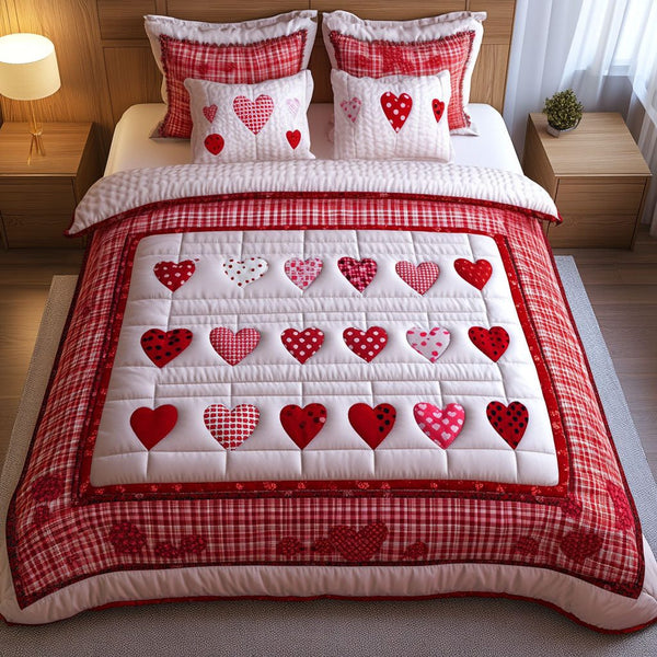 Red Velvet quilted 3-piece bedding set on a made bed with two matching pillow shams