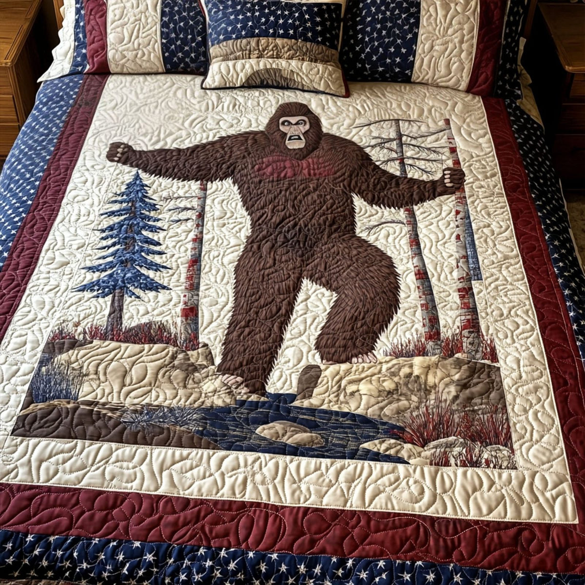 Red White Bigfoot quilted 3-piece bedding set on a made bed with two matching pillow shams