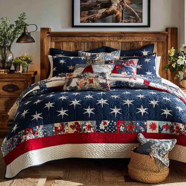 Red White Bloom quilted 3-piece bedding set on a made bed with two matching pillow shams