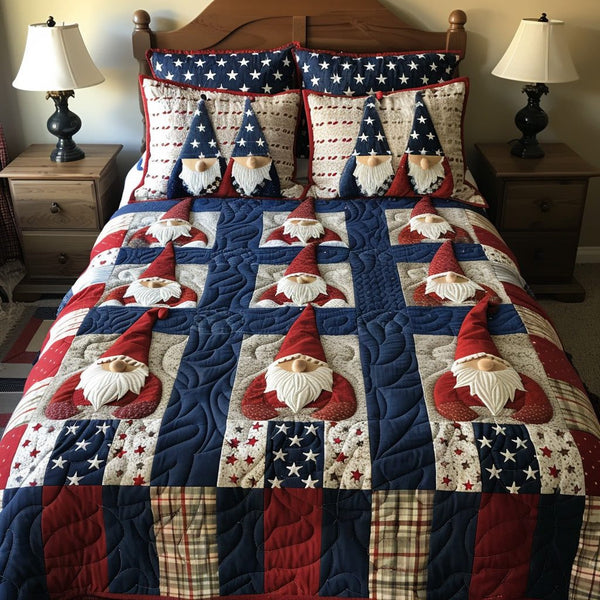Red White Cozy quilted 3-piece bedding set on a made bed with two matching pillow shams