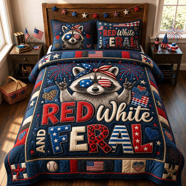Red White Feral quilted 3-piece bedding set on a made bed with two matching pillow shams
