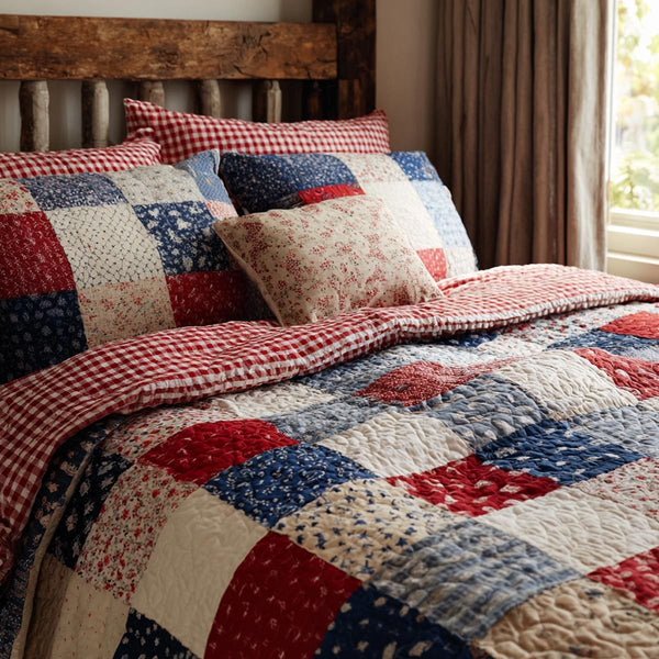 Red White quilted 3-piece bedding set on a made bed with two matching pillow shams