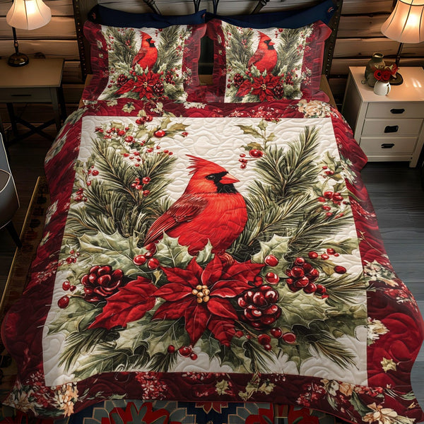 Redbird Retreat quilted 3-piece bedding set on a made bed with two matching pillow shams