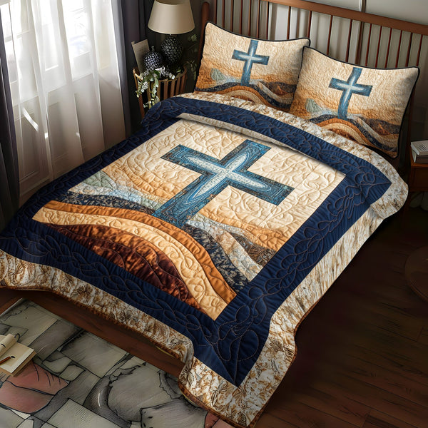 Redeemer Grace quilted 3-piece bedding set on a made bed in a softly lit bedroom