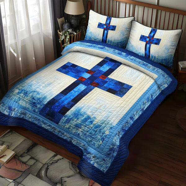 Redeeming Light quilted 3-piece bedding set on a made bed in a softly lit bedroom