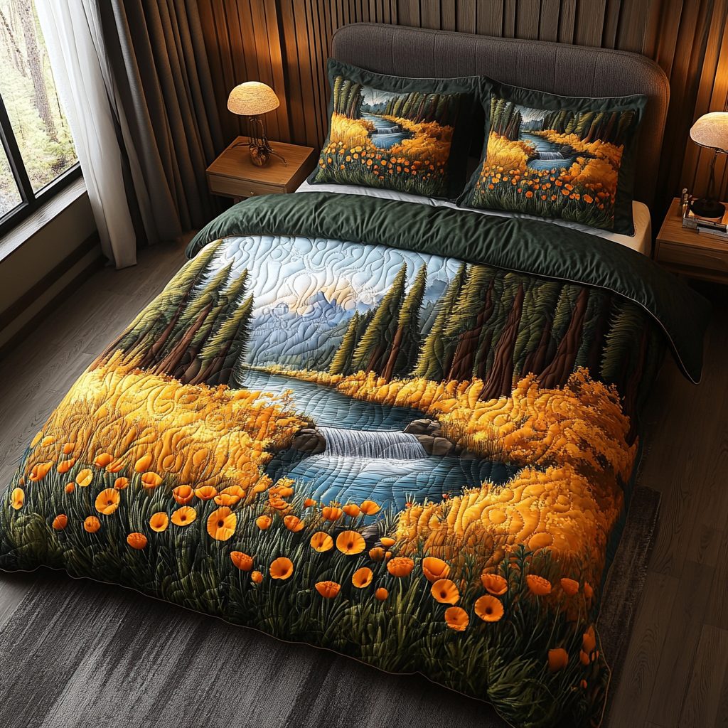 Redwood Dreams quilted 3-piece bedding set on a made bed with two matching pillow shams