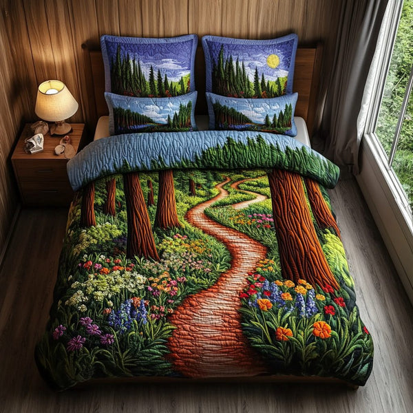 Redwood Path quilted 3-piece bedding set on a made bed with two matching pillow shams