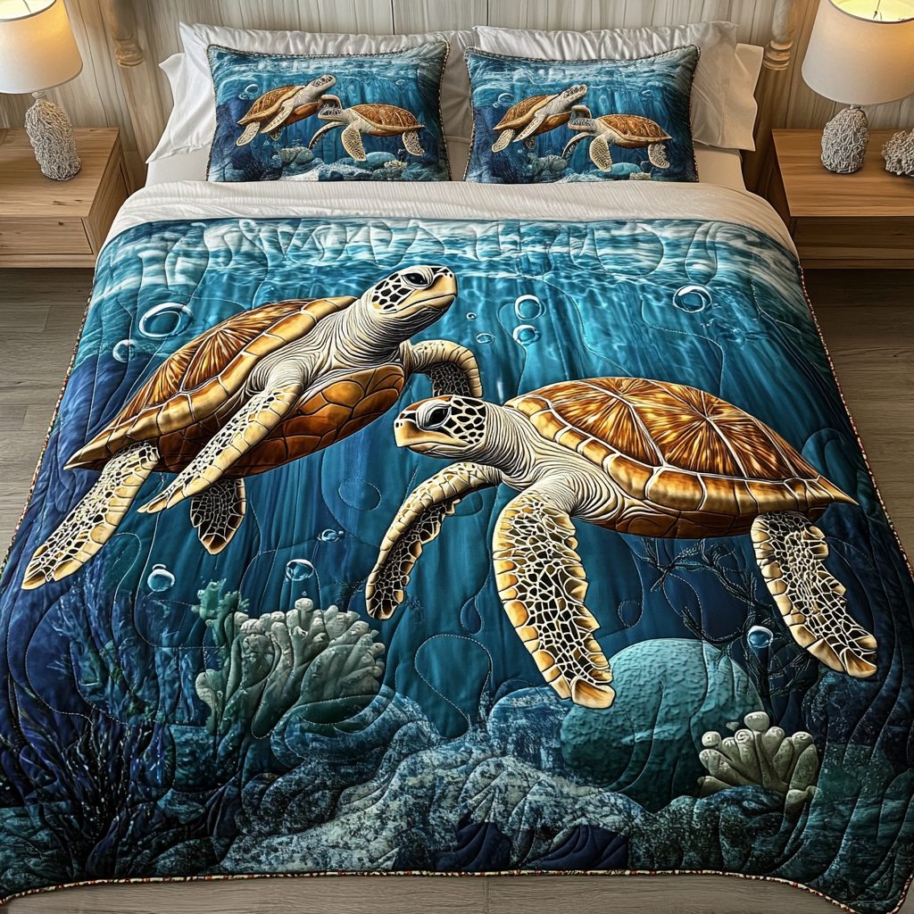 Reef Dance quilted 3-piece bedding set on a made bed in a light coastal bedroom