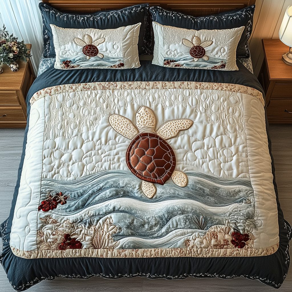 Reef Glider quilted 3-piece bedding set on a made bed in a light coastal bedroom