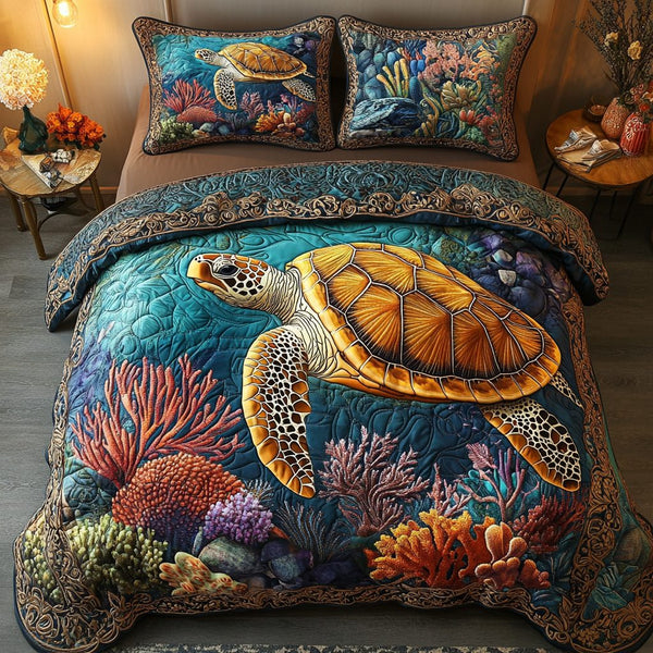 Reef Guardian quilted 3-piece bedding set on a made bed in a light coastal bedroom