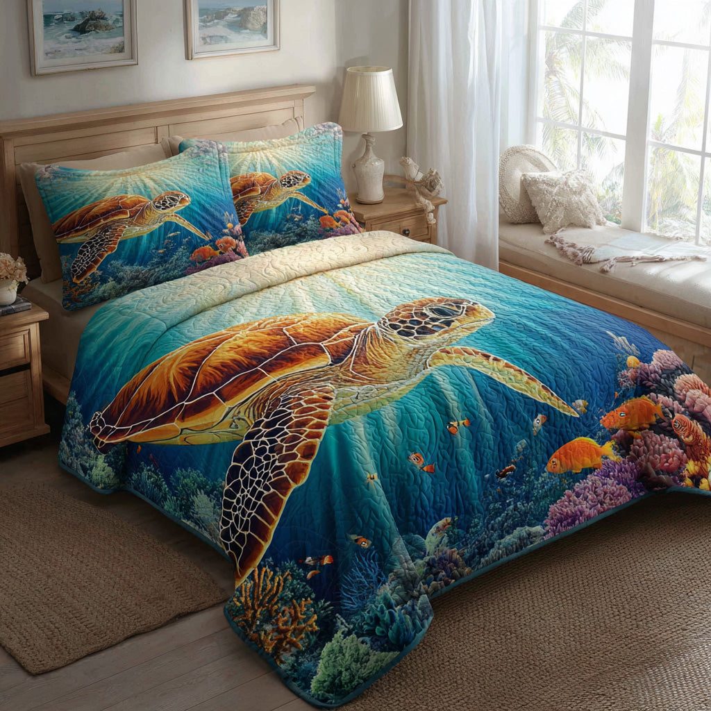 Reef Horizon quilted 3-piece bedding set on a made bed in a light coastal bedroom