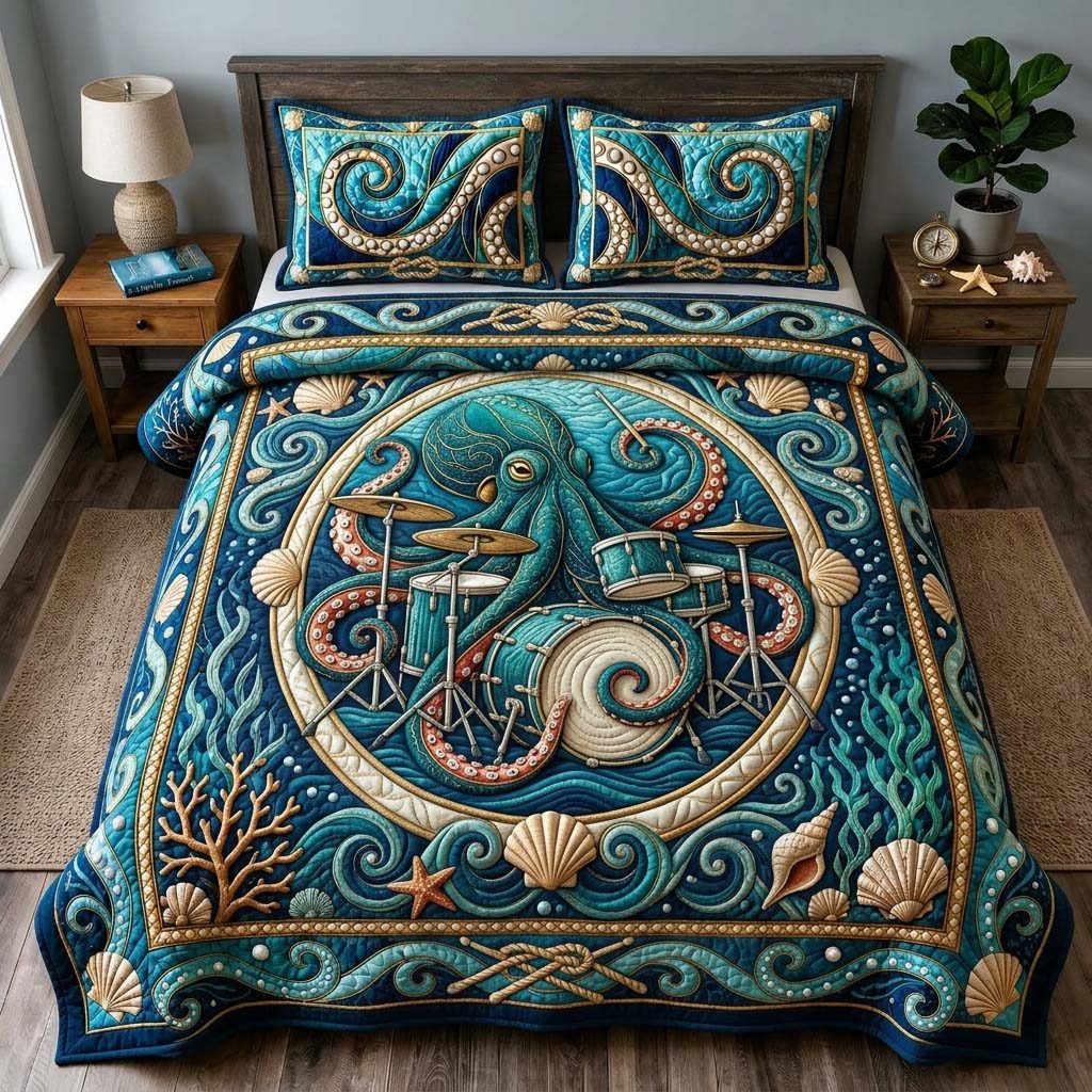 Reef Rhythm Octopus quilted 3-piece bedding set on a made bed in a light coastal bedroom