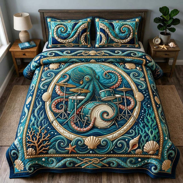 Reef Rhythm Octopus quilted 3-piece bedding set on a made bed in a light coastal bedroom