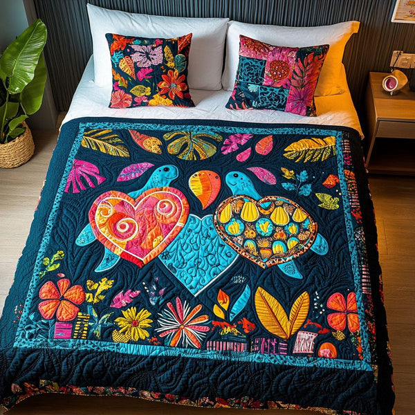 Reef Romance quilted 3-piece bedding set on a made bed in a light coastal bedroom