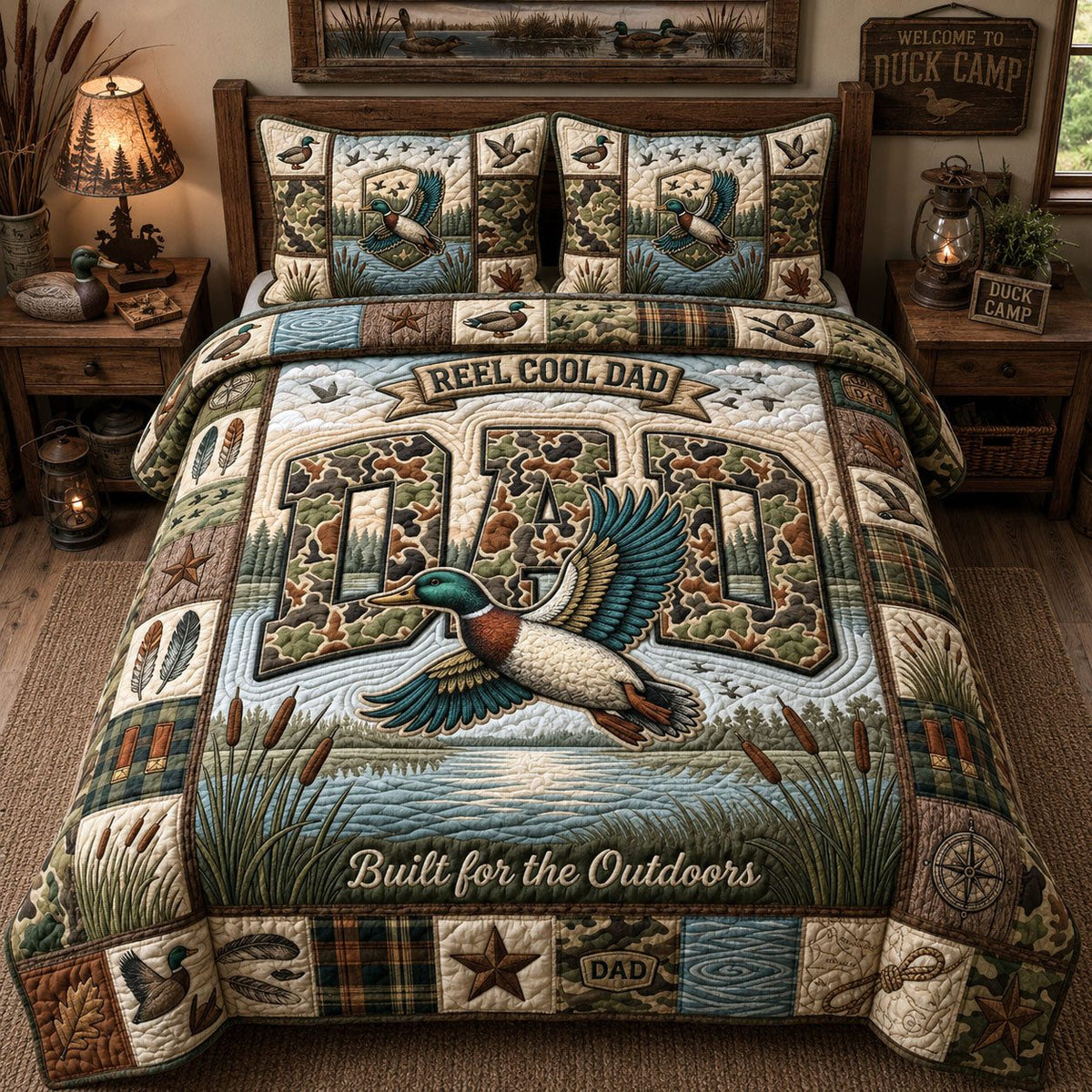 Reel Cool Dad quilted 3-piece bedding set on a made bed with two matching pillow shams