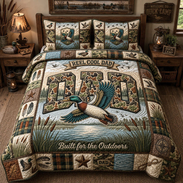 Reel Cool Dad quilted 3-piece bedding set on a made bed with two matching pillow shams