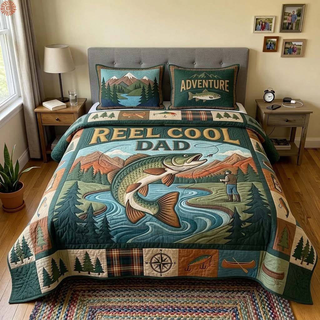 Reel Cool Legacy quilted 3-piece bedding set on a made bed with two matching pillow shams
