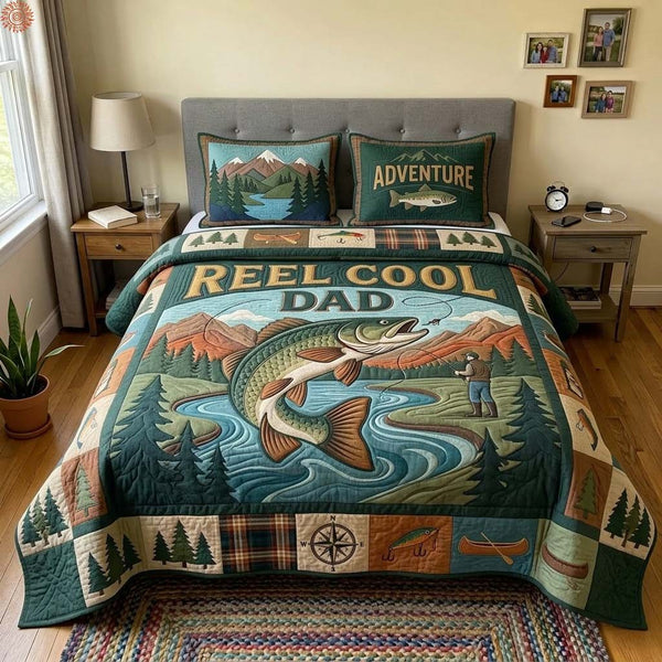 Reel Cool Legacy quilted 3-piece bedding set on a made bed with two matching pillow shams