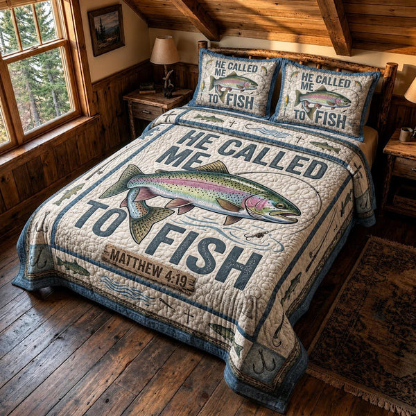 Reel Faith quilted 3-piece bedding set on a made bed in a softly lit bedroom