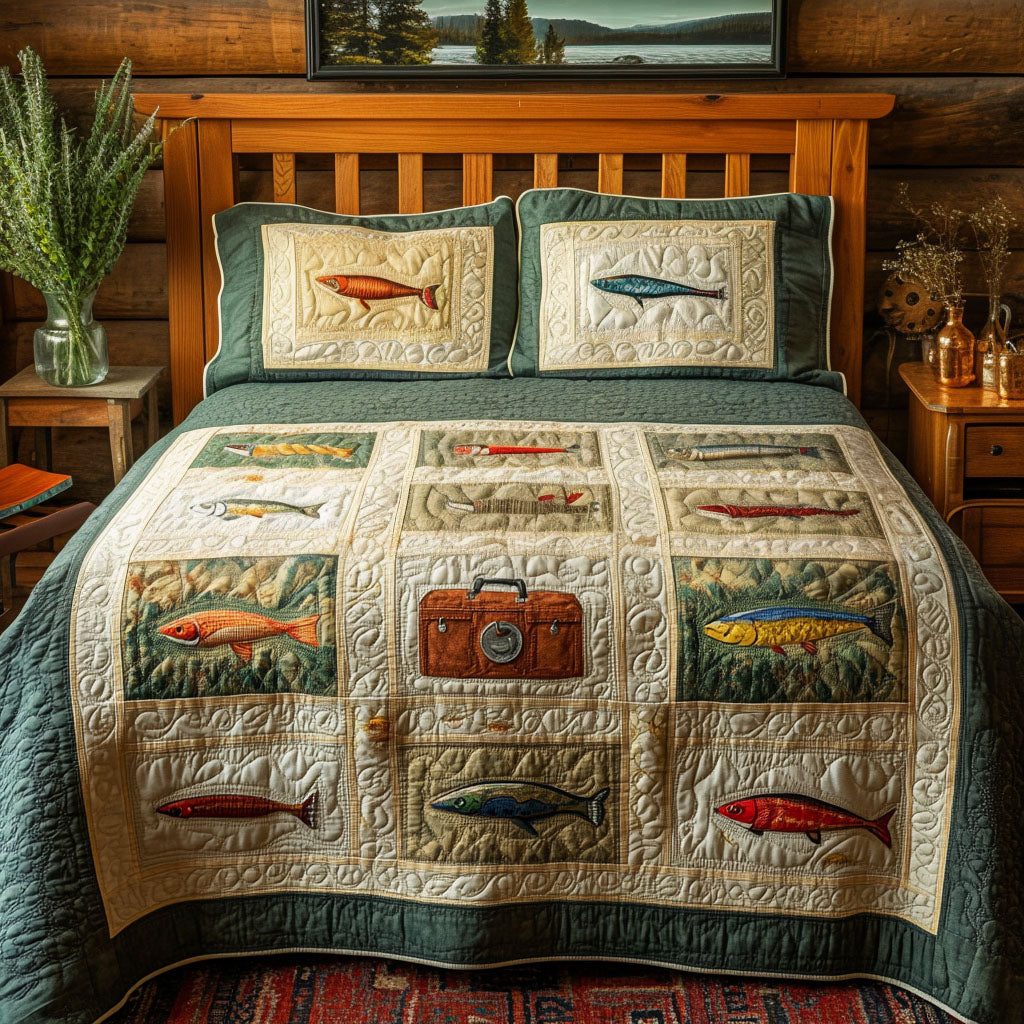 Reel in Style quilted 3-piece bedding set on a made bed with two matching pillow shams