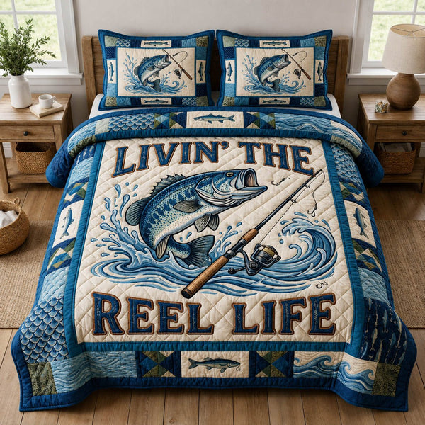 Reel Life quilted 3-piece bedding set on a made bed with two matching pillow shams
