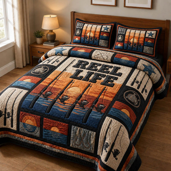 Reel Life quilted 3-piece bedding set on a made bed with two matching pillow shams
