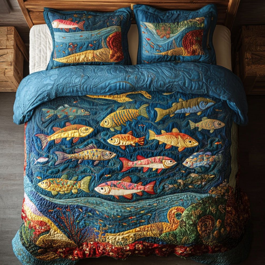 Reel Trout Adventure quilted 3-piece bedding set on a made bed in a winter-styled bedroom
