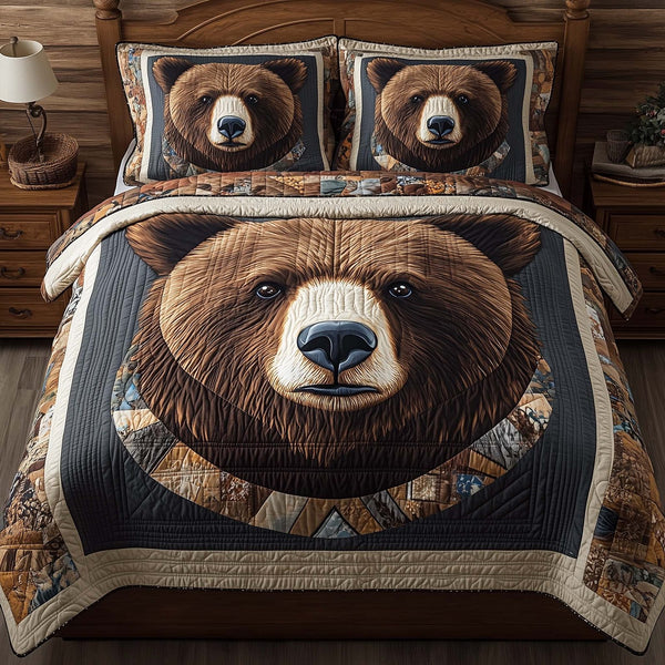Regal Bear quilted 3-piece bedding set on a made bed with two matching pillow shams