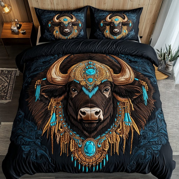 Regal Bison quilted 3-piece bedding set on a made bed in a rustic timber bedroom