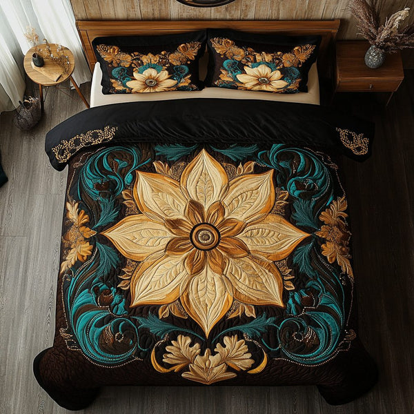 Regal Bloom quilted 3-piece bedding set on a made bed with two matching pillow shams