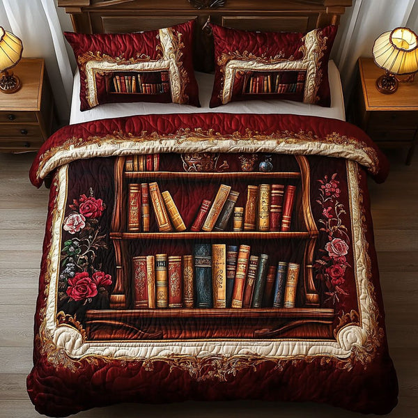 Regal Bookcase quilted 3-piece bedding set on a made bed with two matching pillow shams