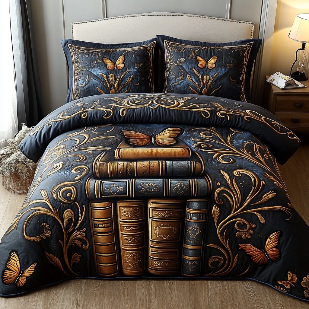 Regal Butterfly Tome quilted 3-piece bedding set on a made bed with two matching pillow shams