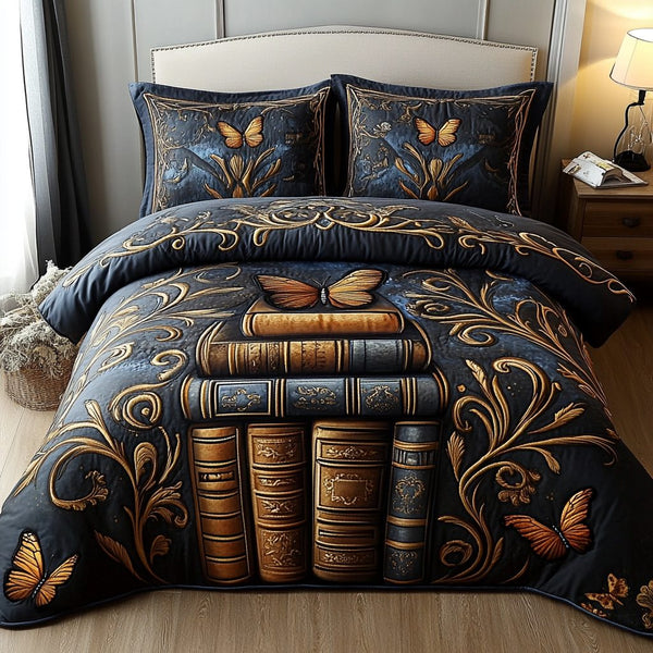 Regal Butterfly Tome quilted 3-piece bedding set on a made bed with two matching pillow shams
