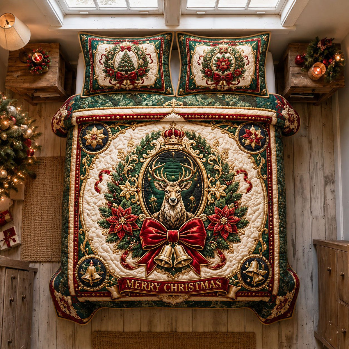 Regal Christmas Stag Wreath quilted 3-piece bedding set on a made bed in a winter-styled bedroom