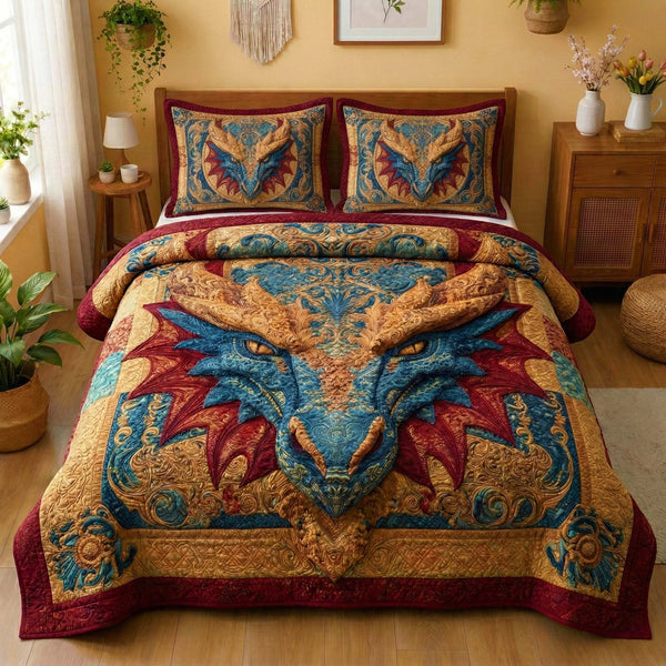 Regal Dragon quilted 3-piece bedding set on a made bed with two matching pillow shams