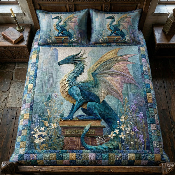 Regal Dragon quilted 3-piece bedding set on a made bed with two matching pillow shams