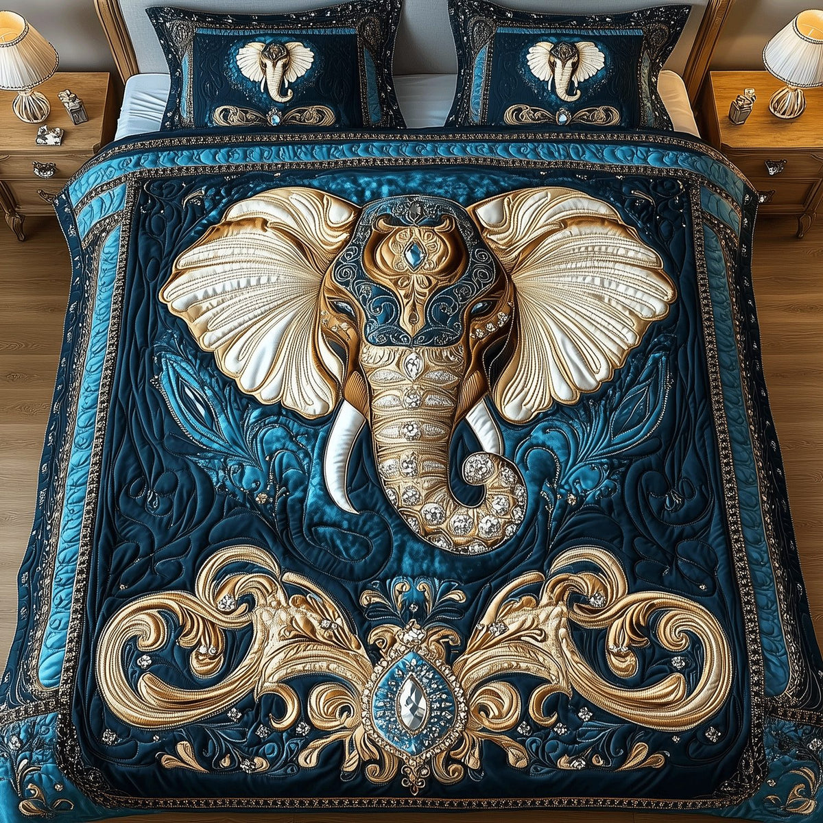 Regal Elephant Bliss quilted 3-piece bedding set on a made bed with two matching pillow shams