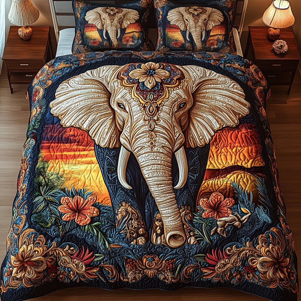 Regal Elephant quilted 3-piece bedding set on a made bed with two matching pillow shams