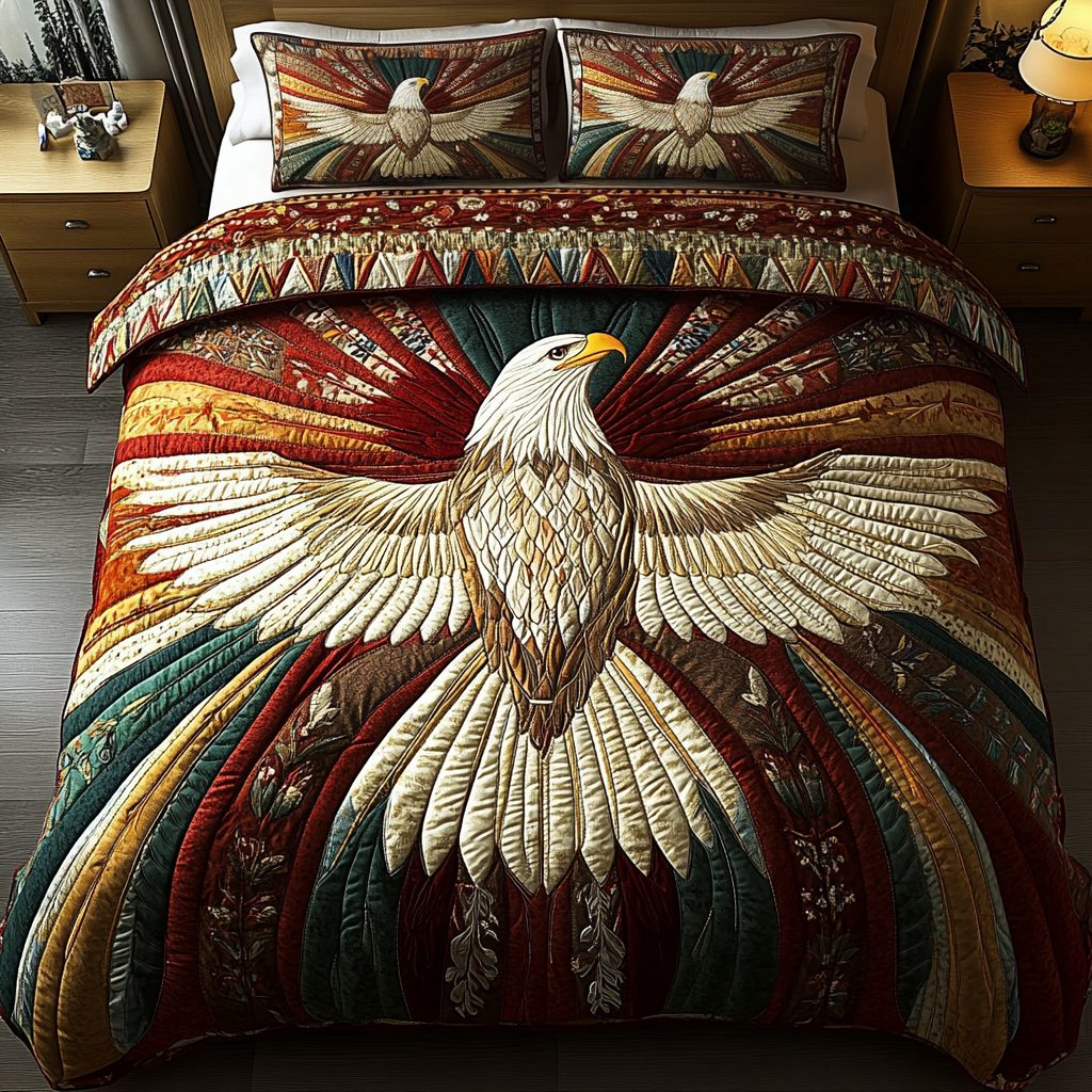 Regal Flight quilted 3-piece bedding set on a made bed with two matching pillow shams