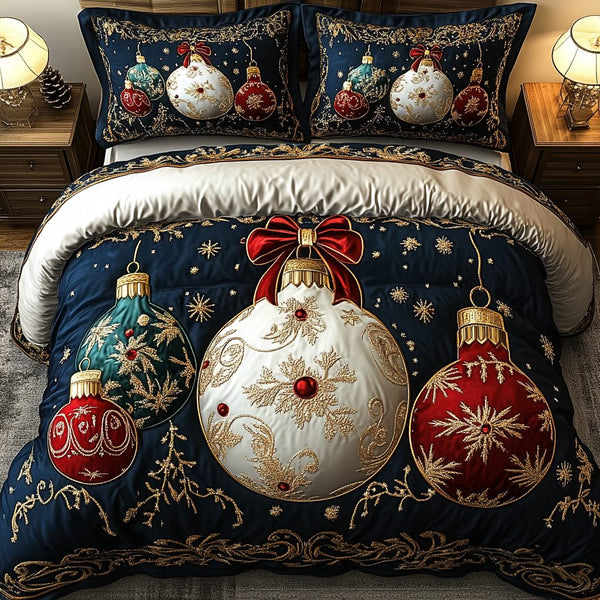 Regal Holiday Ornament quilted 3-piece bedding set on a made bed in a winter-styled bedroom