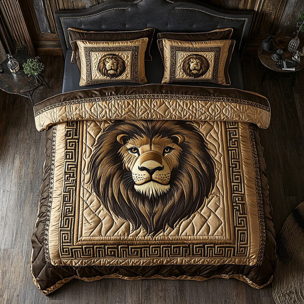 Regal Lion quilted 3-piece bedding set on a made bed with two matching pillow shams