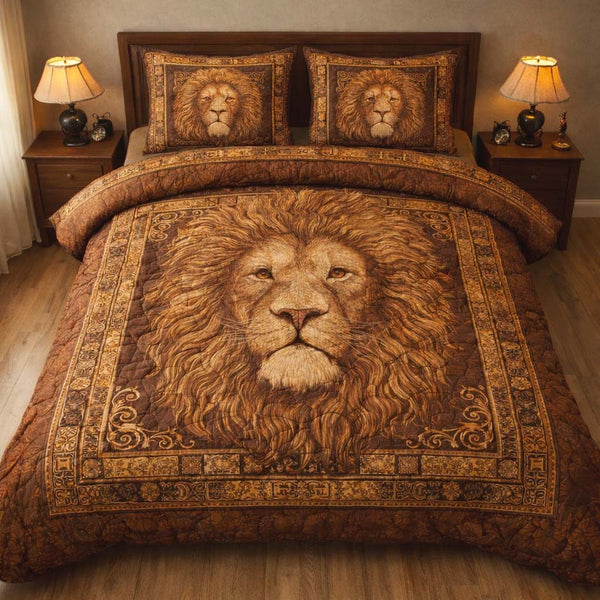 Regal Lioncrest quilted 3-piece bedding set on a made bed with two matching pillow shams