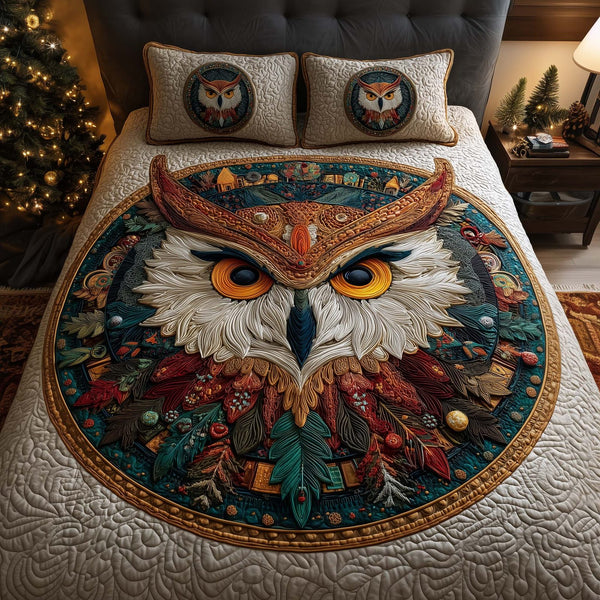 Regal Owl quilted 3-piece bedding set on a made bed with two matching pillow shams