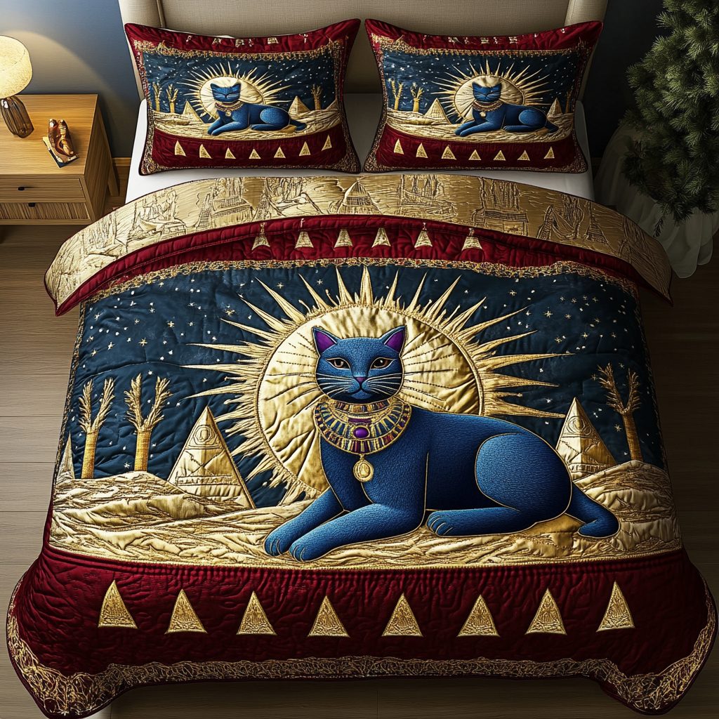 Regal Paws quilted 3-piece bedding set on a made bed with two matching pillow shams